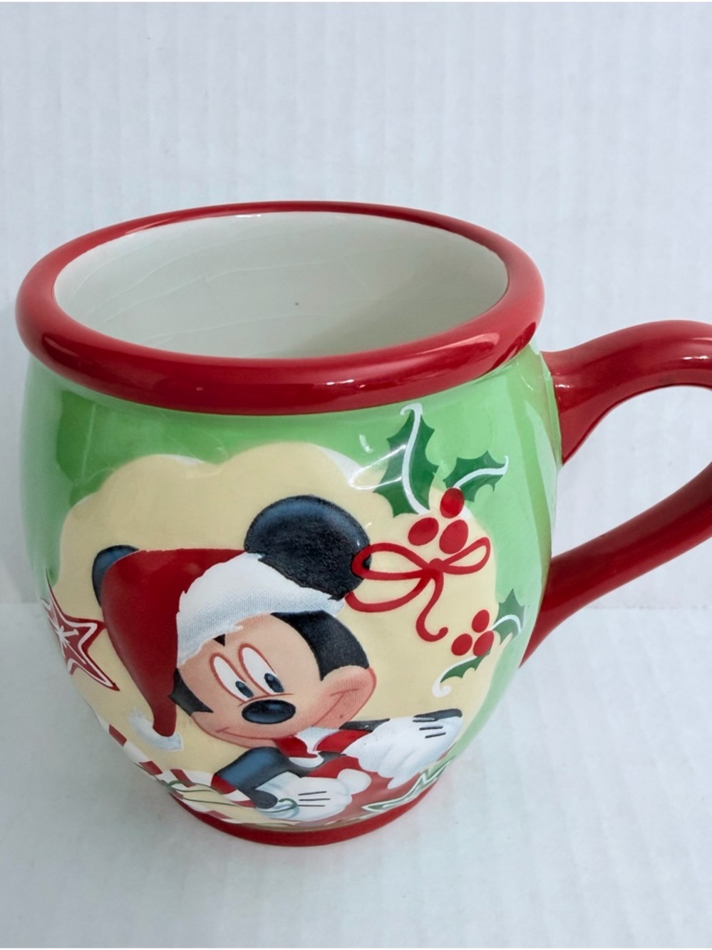 Disney Mickey Mouse Christmas Mug with Red Rim and Green Band